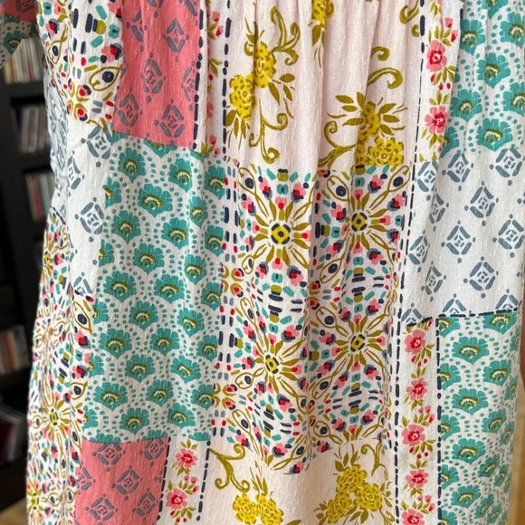 Democracy Patchwork Square-Neck Peasant Top in Pink, Green, Yellow, White - Picture 5 of 6